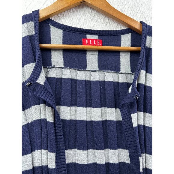 Striped Navy & Gray Open Front Cardigan Sweater Pleated Front & Back LARGE - Picture 12 of 12